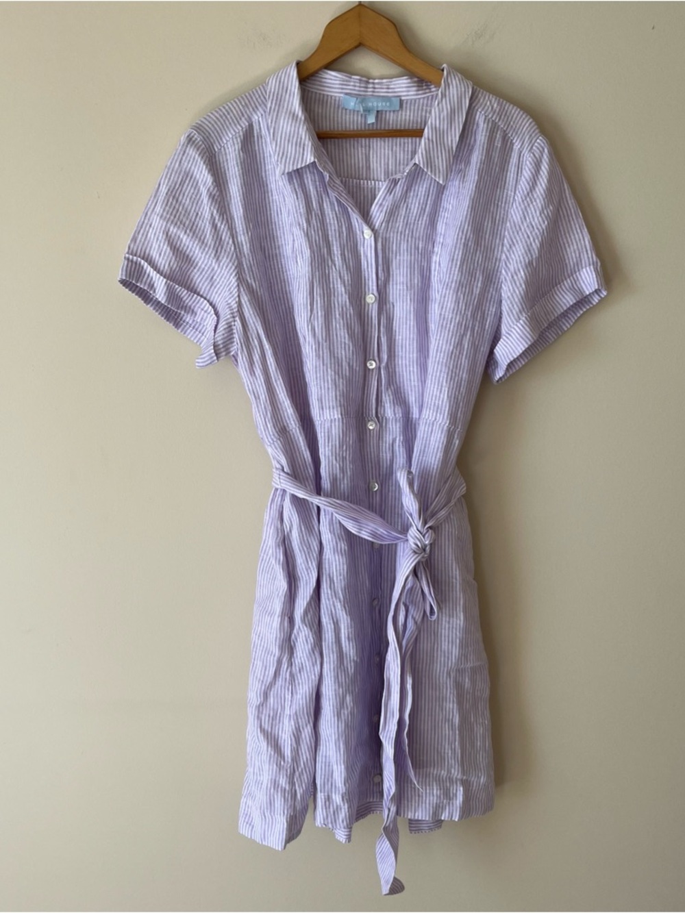 HILL HOUSE Lilac Stripe Linen Laura Dress Size XL Belted Shirt Button Front